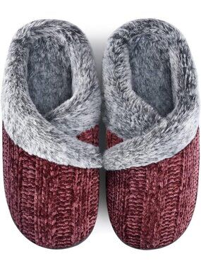 Women's Wine Red Fuzzy House Slip on Outdoor Anti-Skid Rubber Slipper Shoes